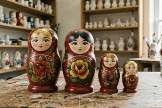 Ensemble de poupées russes matriochkas artisanales peintes à la main avec motifs floraux traditionnels sur une table en bois