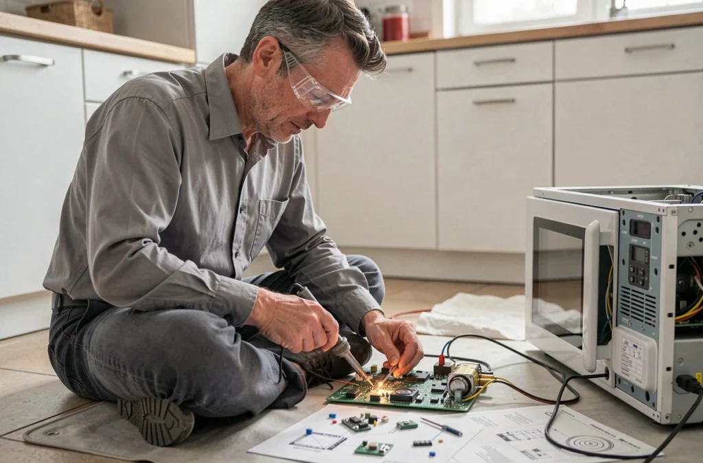 Réparateur Rasko soudant une carte électronique d'un micro-ondes dans une cuisine à Besançon