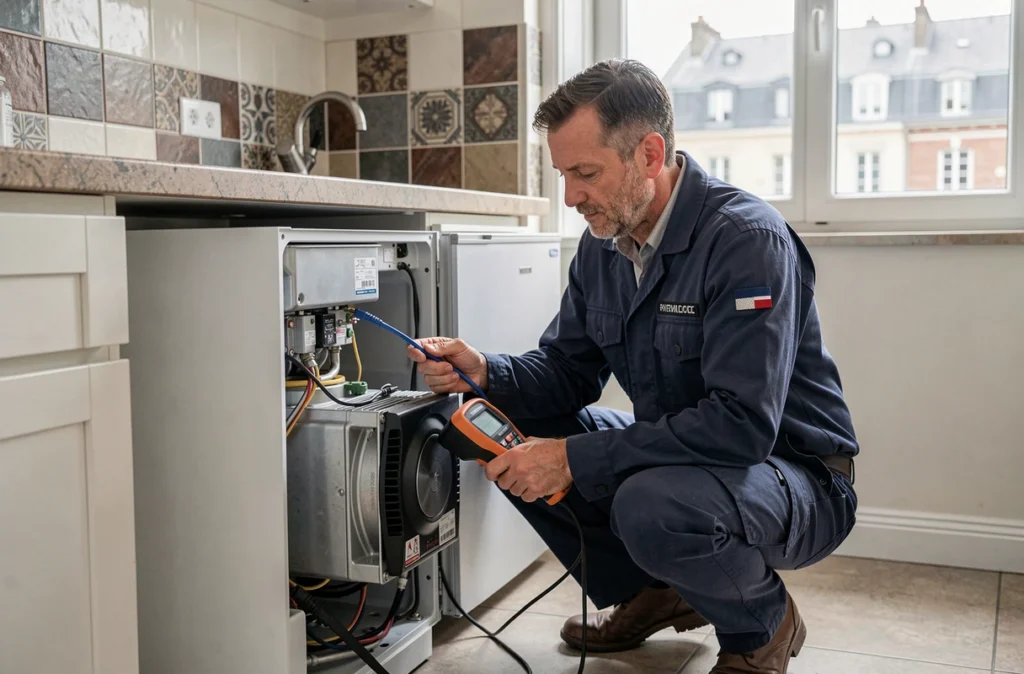 Réparateur de SARL Lion Service inspectant un réfrigérateur dans un appartement dijonnais