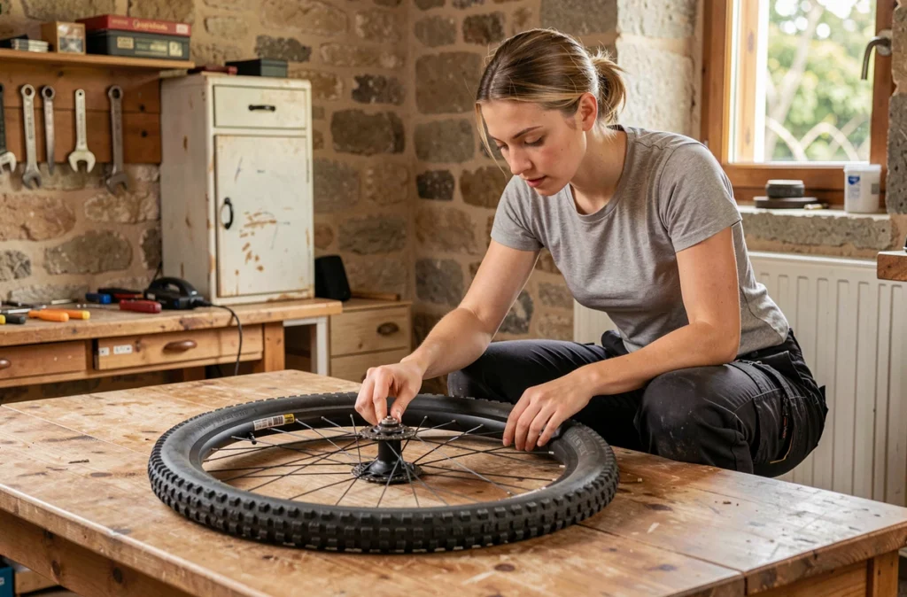 Mécanicienne de Tiphain.Bike à Moigny-sur-École vérifiant les rayons d'une roue de vélo