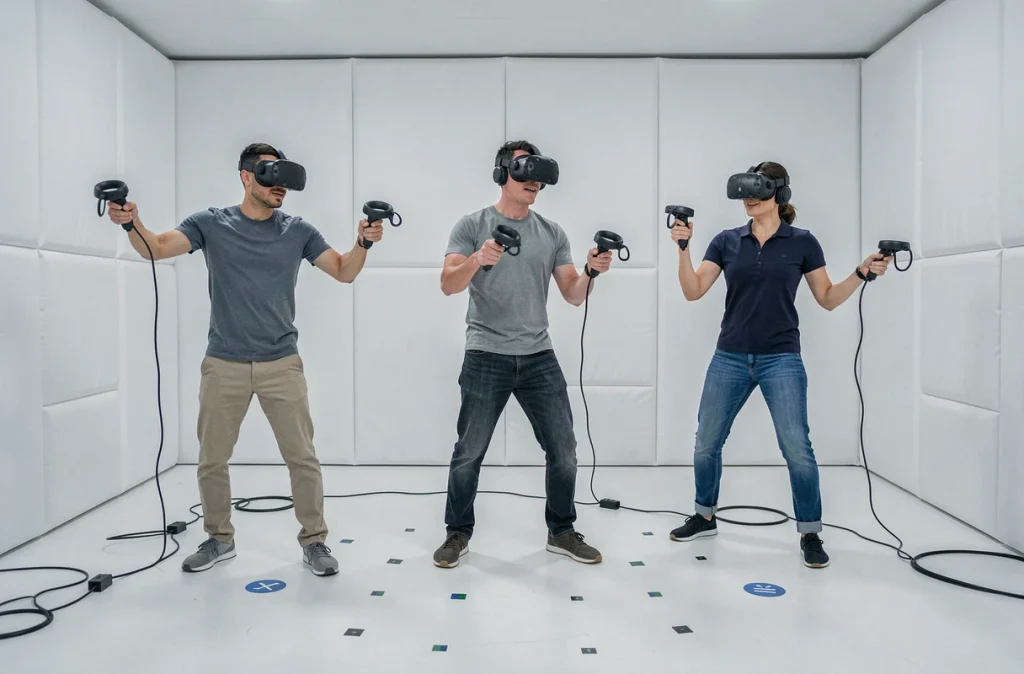 Trois joueurs en casques VR en pleine immersion dans l'escape game en réalité virtuelle Virtual Room à Brest