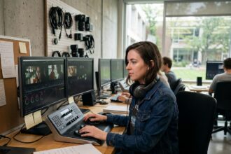 Étudiante en école de cinéma travaillant sur un logiciel de montage vidéo professionnel dans une salle de post-production