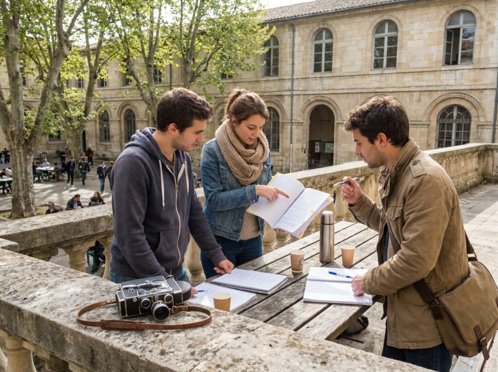 Groupe d'étudiants en audiovisuel discutant d'un scénario en extérieur sur un campus de cinéma en France