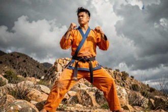 Guerrier d'arts martiaux en tenue orange style Dragon Ball Z en posture de combat dans un paysage montagneux dramatique