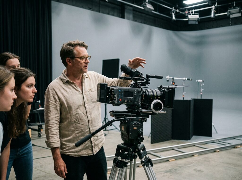 Professeur de cinéma enseignant l'utilisation d'une caméra professionnelle dans un studio de tournage d'école audiovisuelle