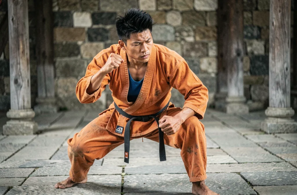 Athlète d'arts martiaux en gi orange concentré en posture d'énergie dans un dojo en pierre antique, évoquant la puissance de Goku