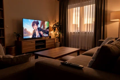 Salon éclairé le soir devant un écran diffusant un anime