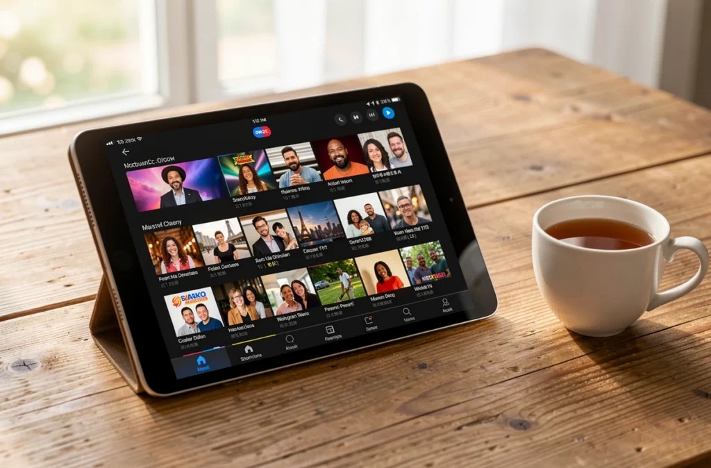 Tablette affichant le menu d'une application de streaming